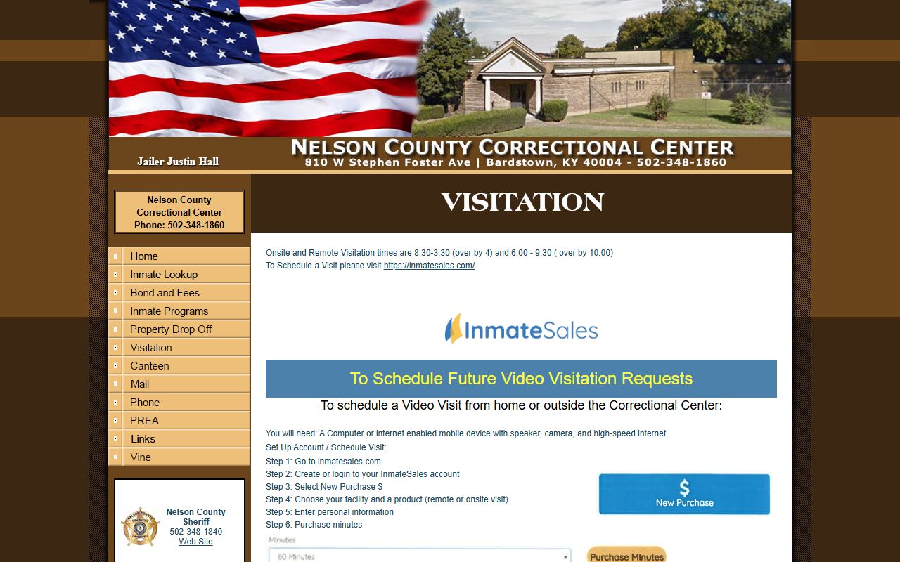 Nelson County inmate records visitation schedule and InmateSales instructions